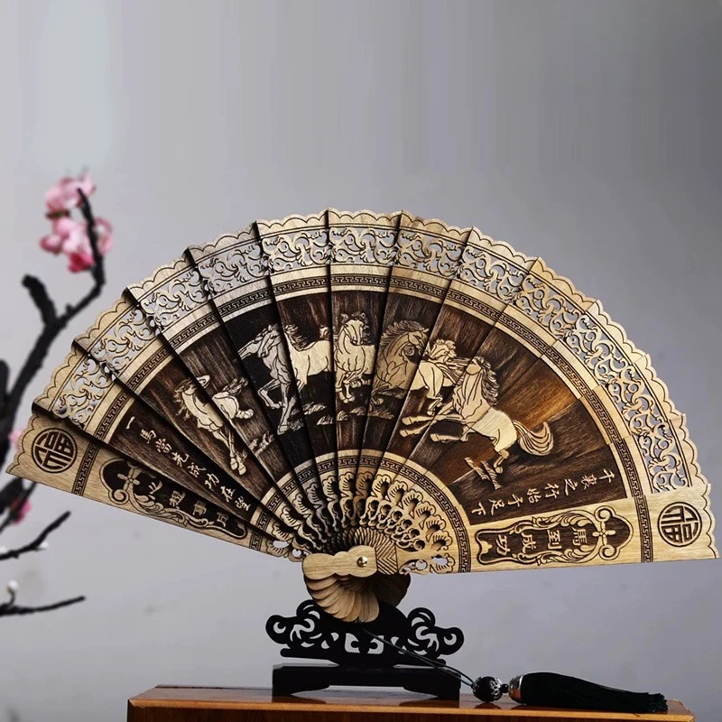 Golden nanmu fan folding fan fragrant wood classical Chinese style folding decoration hollow carving handicraft Chinese ornament