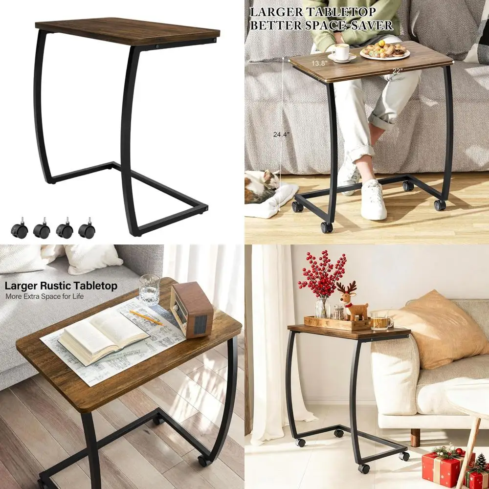 

Rolling C-Shape Side Table, Rustic Walnut Laptop Desk for Coffee and Snacks