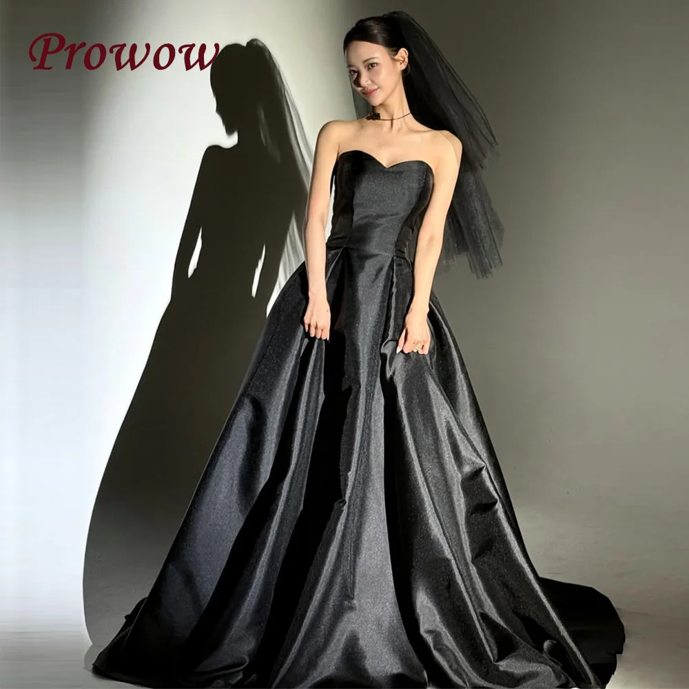 

Prowow Simple Black Satin Prom Dresses Korea Wedding Photo Shoot Dresses Sweetheart Neck A Line Evening Gowns Customized Corset