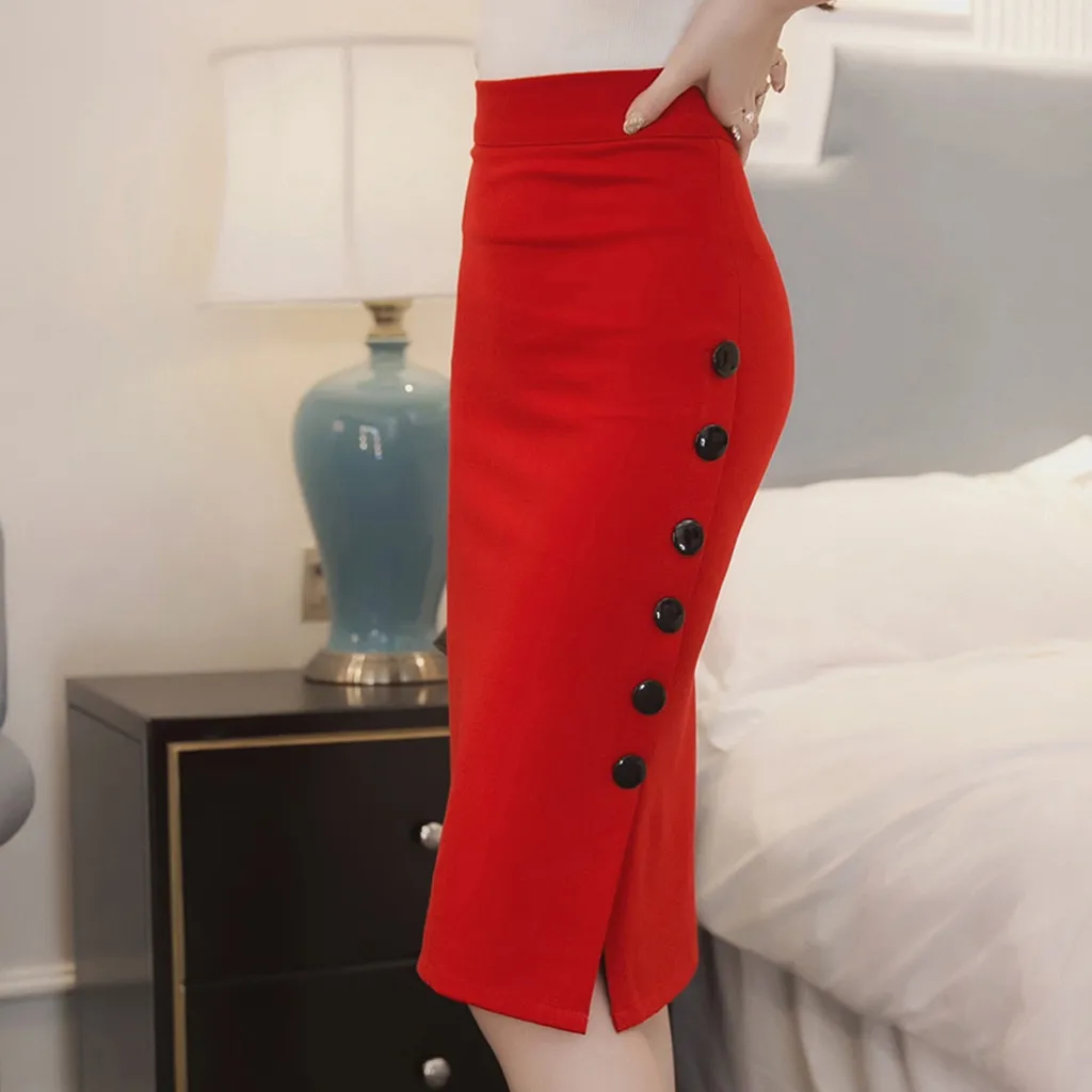 Elegant Women Vintage Office Lady Slim Skirts High Waist Buttons Slit Pencil Skirts Women Summer Sexy S-5XL Stretch Midi Skirts