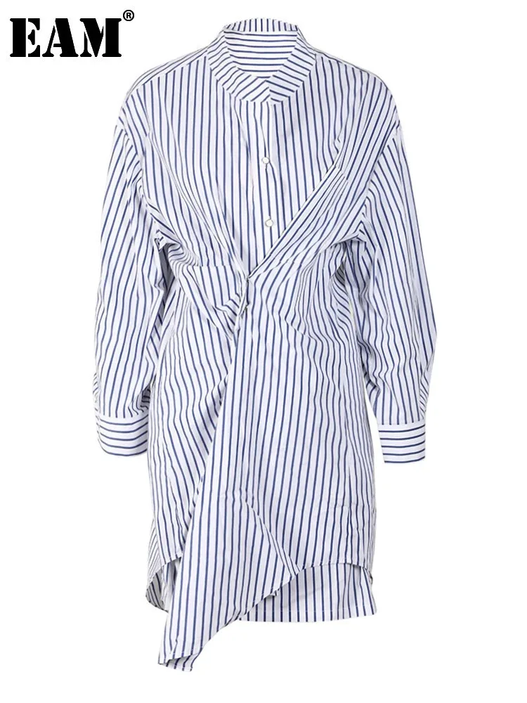 [EAM] Women Blue Striped Big Size Shirt Dress New Stand Collar Long Sleeve Loose Fit Fashion Tide Spring Autumn 2024 CP1919