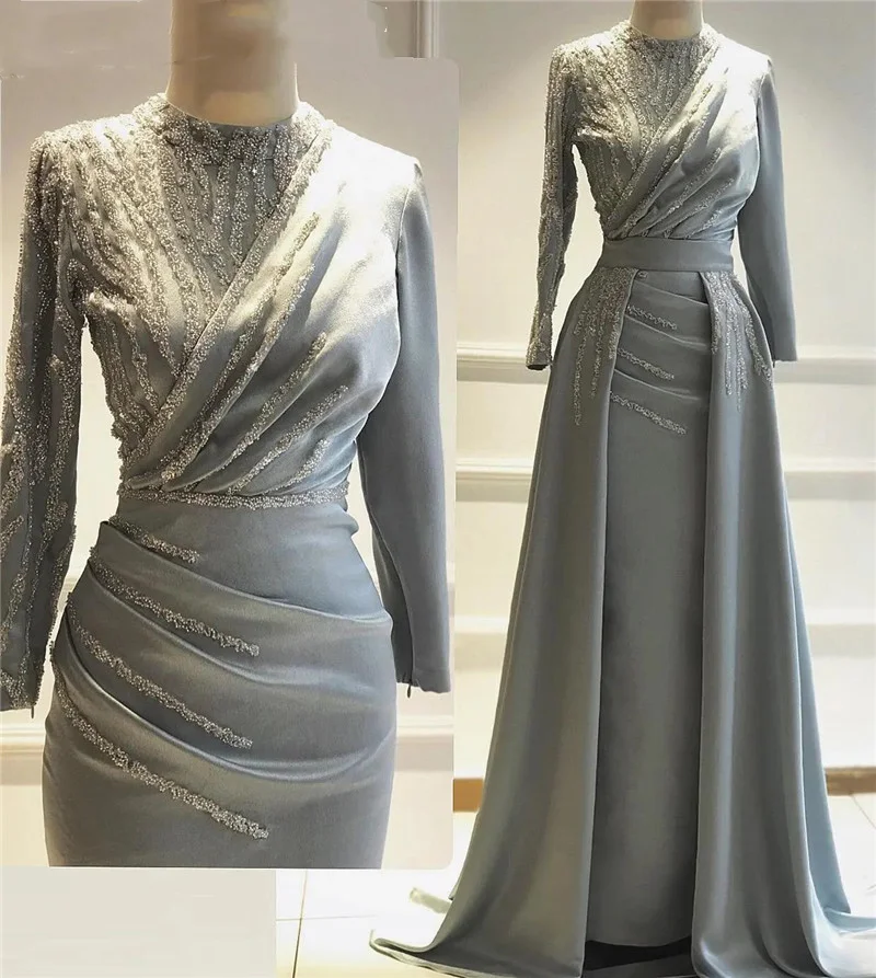 Robe de Soirée en Satin Gris à Manches sulfpour Femme Musulmane, Tenue Sirène Perlée, Col Haut, Arabie Saoudite, Dubaï, Kaftan, Islamique, 123