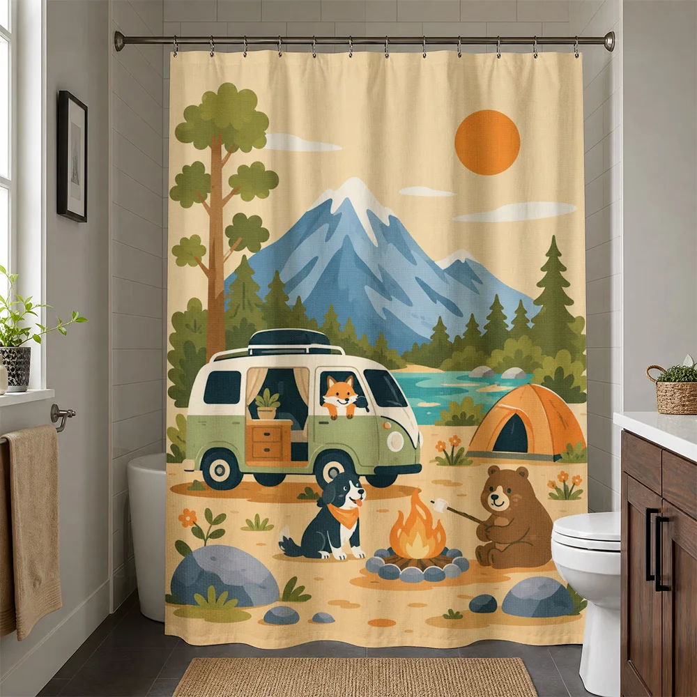 Cute Camping Adventure Shower Curtain Woodland Animals Van Tent Mountain Scenery Bathroom Decor
