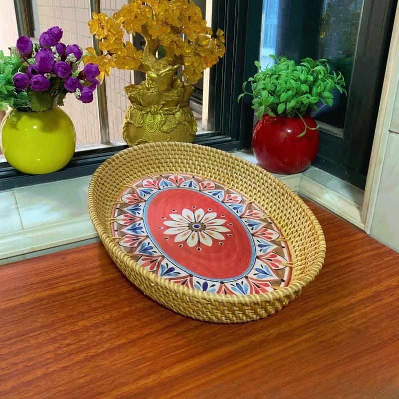 

Вьетнамская корзина из ротанга ручной работы с цветочным принтом, миска для фруктов, поднос для закусок, многоцелевой домашний органайзер для кухни, гостиной