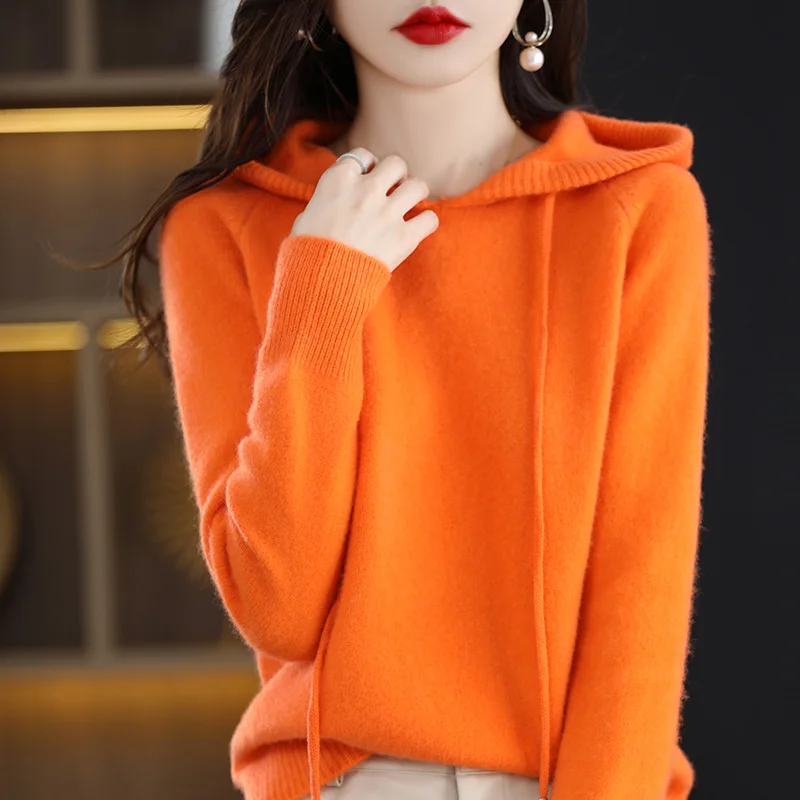 2024 Autumn and Winter New Hooded Cashmere Sweater Women  Hooded Pullover Sweater Warm Loose Hooded Knitted Sweater