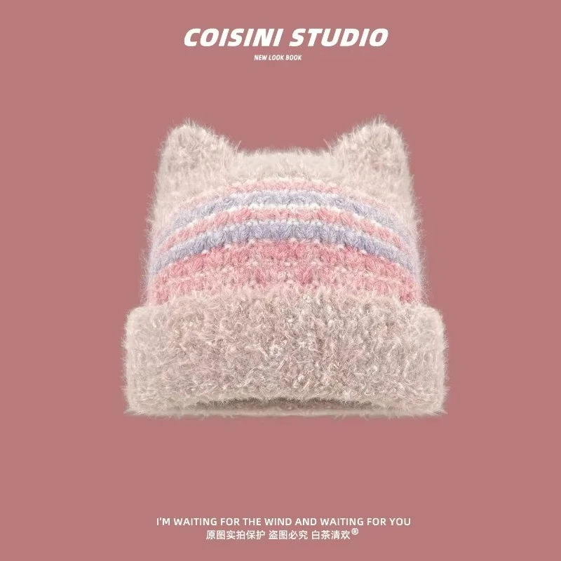 Women Cute Cat Ear Fuzzy Knit Beanies Blue White Striped Fold Cuff Winter Warm Soft Fluffy Kawaii Knitted Skullcap Streetwear
