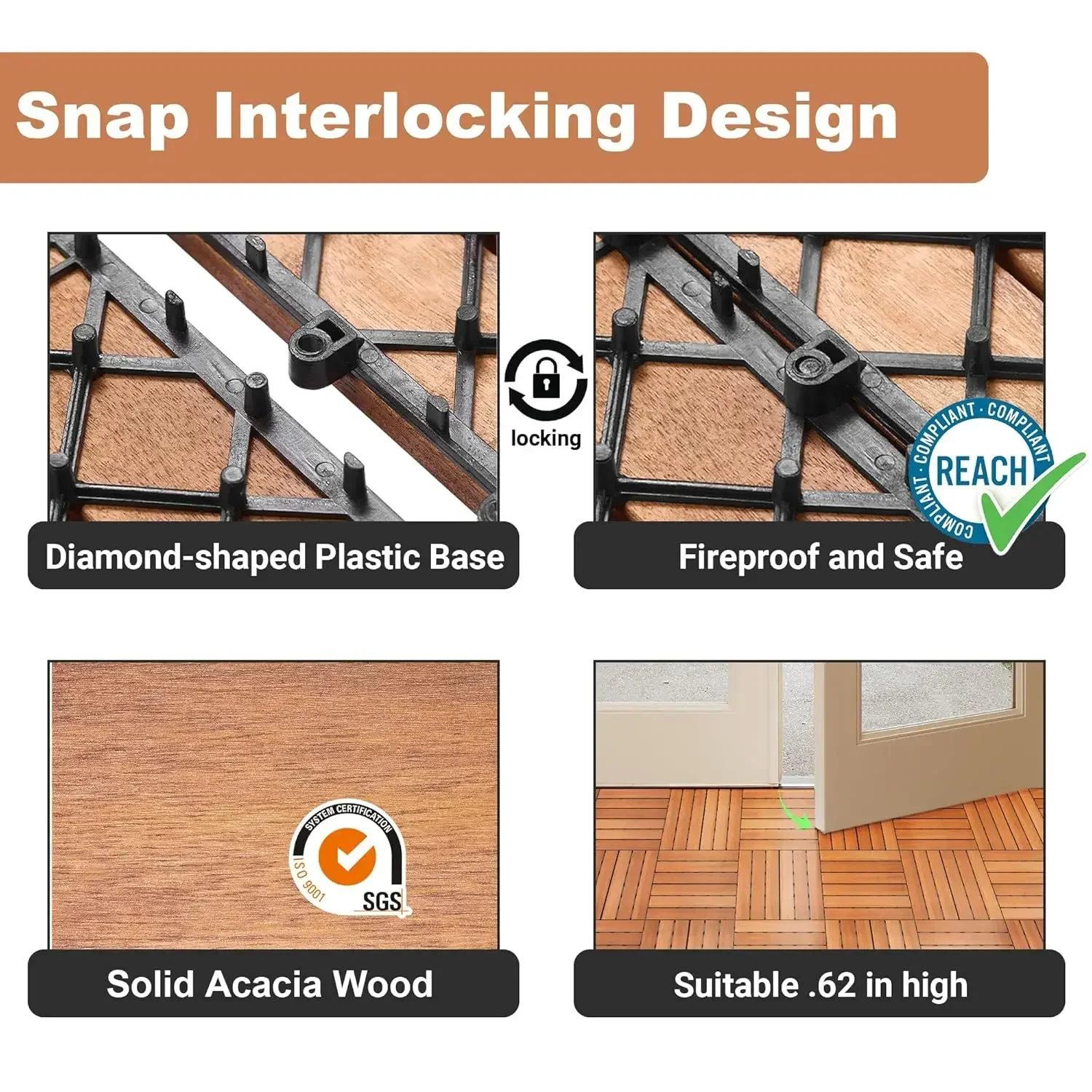 [XMSJ] 54 Stück Ineinandergreifende Terrassenfliesen aus massivem Akazienholz – 30,5 x 30,5 cm, wasserdichte Bodenfliesen für den Innen- und Außenbereich, für Balkon und Terrasse