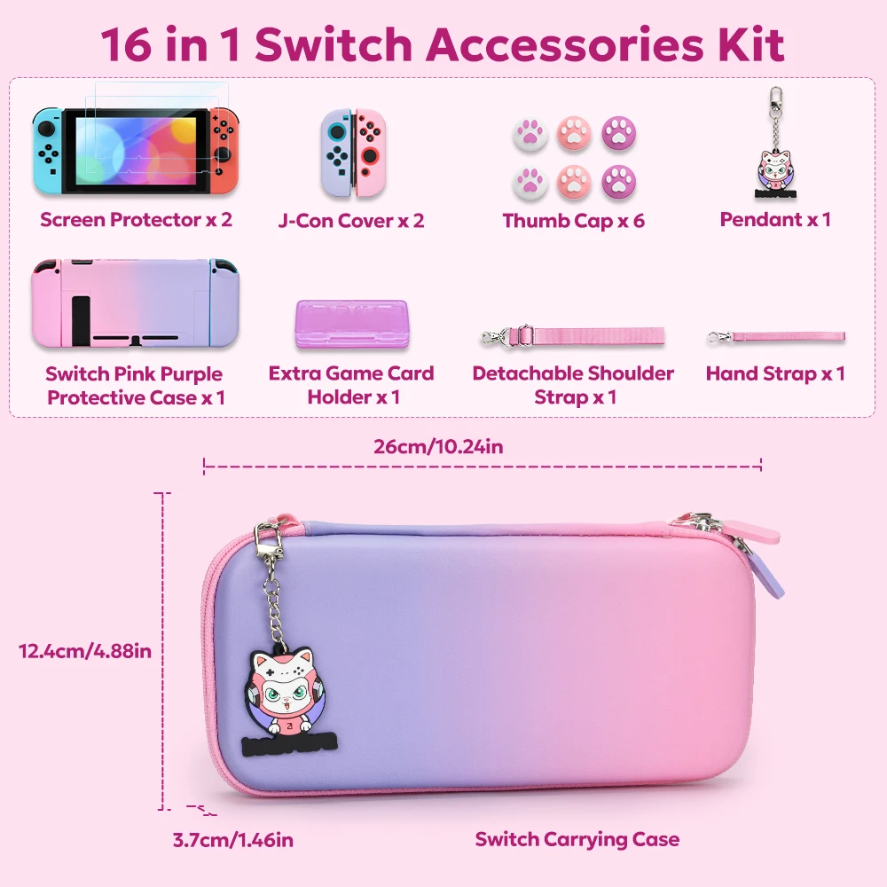 16 in 1 Switch Accessory Set for Switch 2017 Model with Switch  Storage Bag Protective Case Screen Protector Cute Thumb Caps