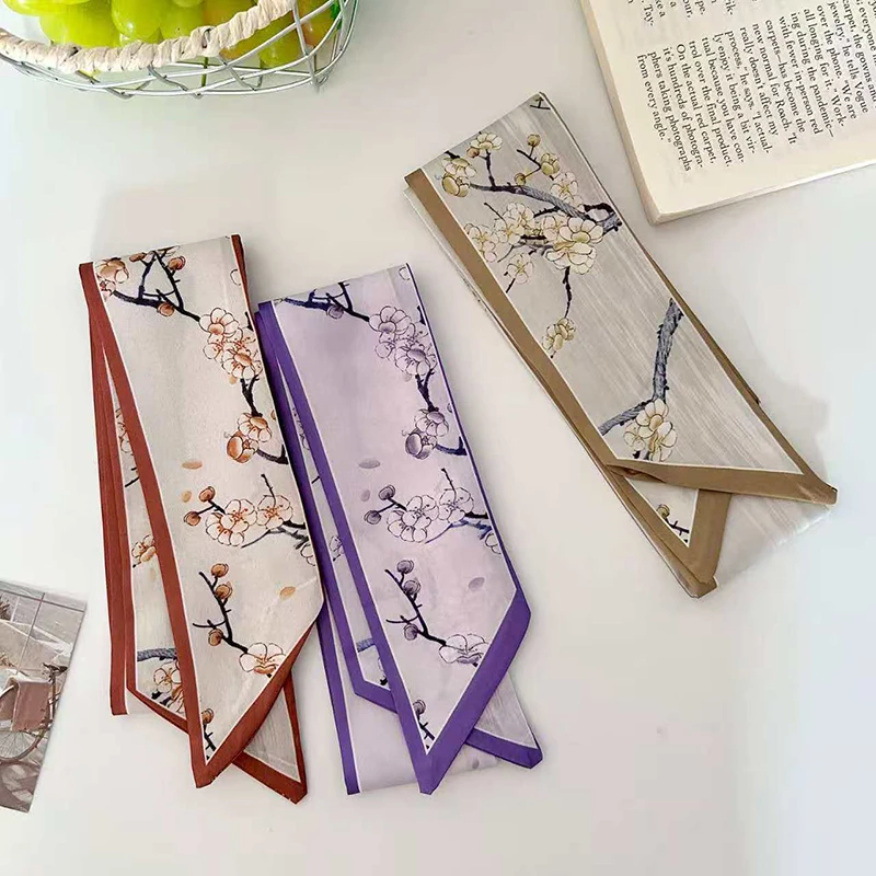 2026 New Arrival Women Plum Blossom Print Skinny Satin Scarf Elegant Hair Bandana Neck Scarves Bag Handle Ribbon Spring Summer image 2