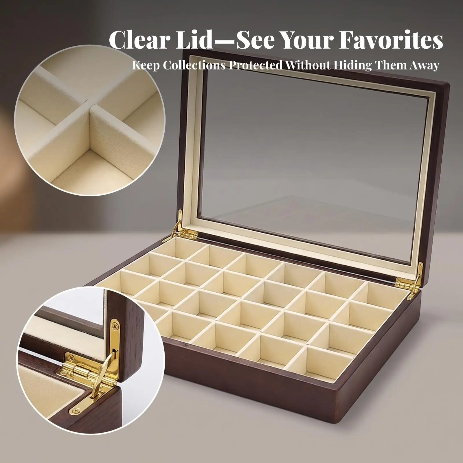 12-Compartment Jewelry Tray Dustproof Jewelry Display Case with Glass Lid Transparent Divided for Dresser, Vanity