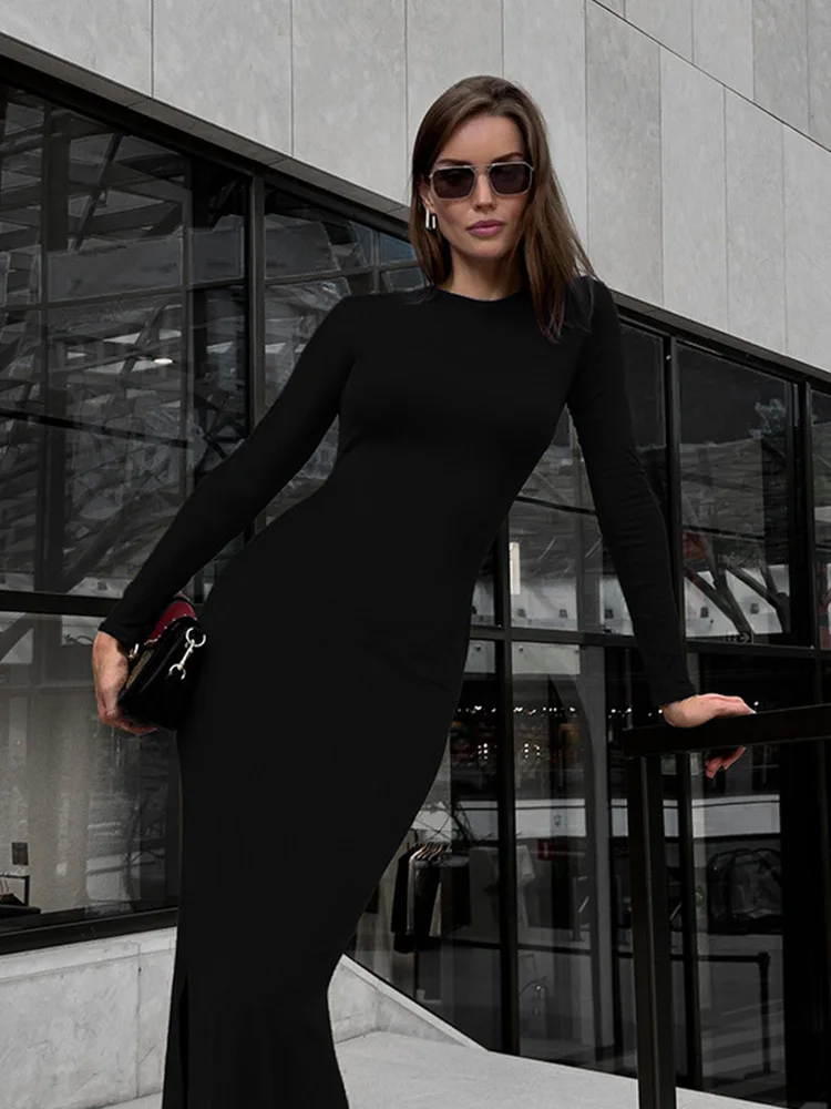 CNYISH Elegant Split Solid Bodycon Sheath Sexy Club Women Dresses O Neck Long Sleeve Slim Outfits Fashion Female Vestidos Robes