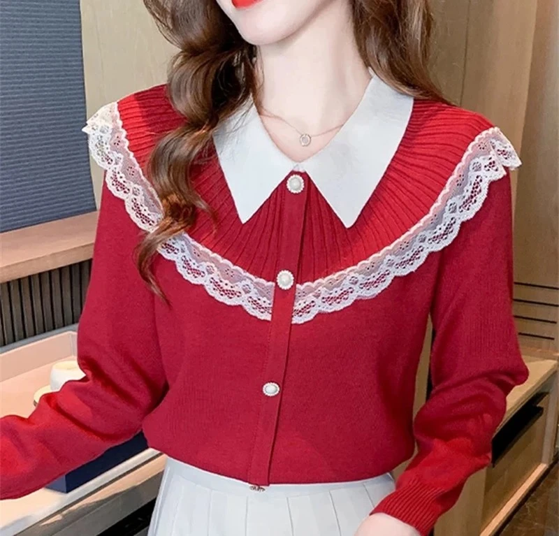 

Осень-зима 2025, новые корейские модные топы, женский кружевной лоскутный пуловер, свитер