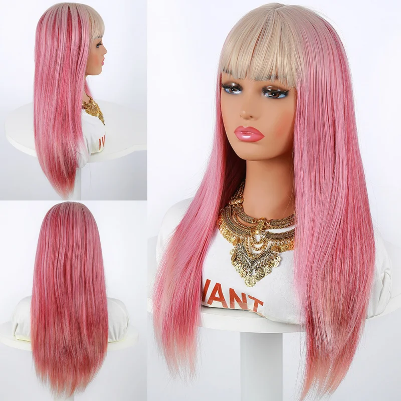 European and American Style Wig for Women with Bangs, Gradient Color, Long Straight Hair, High-Temperature Matte Synthetic Fiber