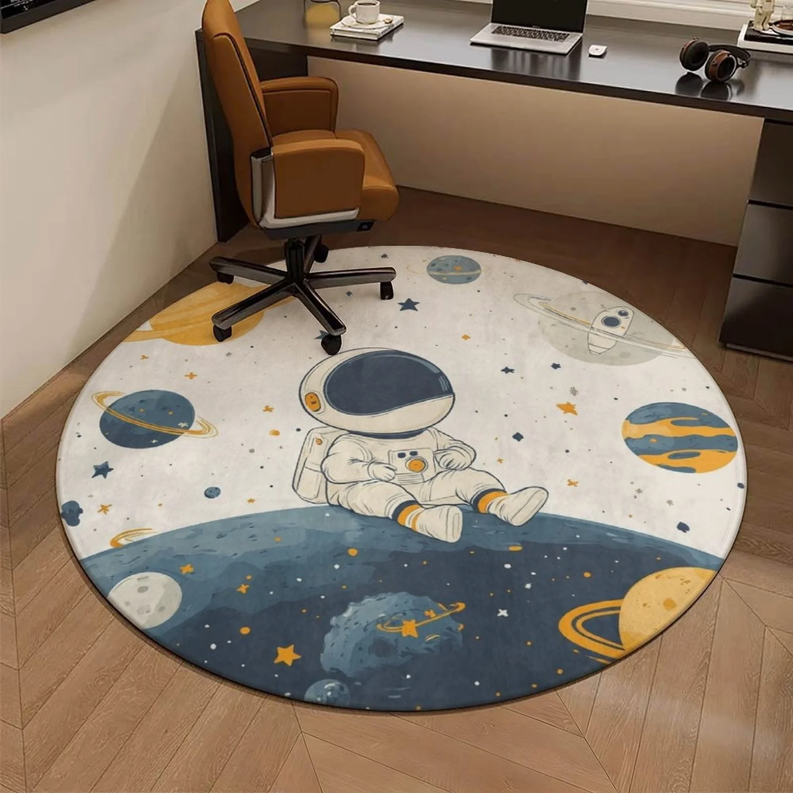 Lovely Space Astronaut Planet Printed Round Carpet, Minimalist Cartoon Style Anti-slip Rug for Entryway Baby Room Lounge Floor