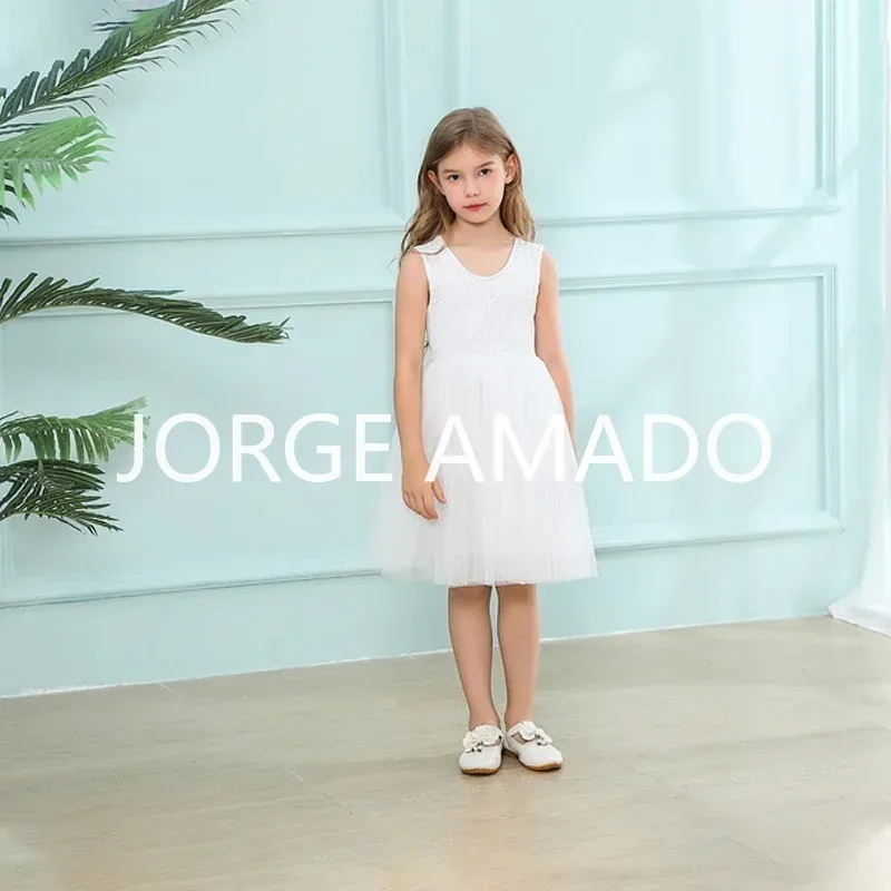 Mädchen Sommer Hochzeitsfeier Prinzessinnenkleider Weiß Beige O-Ausschnitt Ärmellos Mesh Formelles Kleid Kinder Performance Kostüm E17127-1