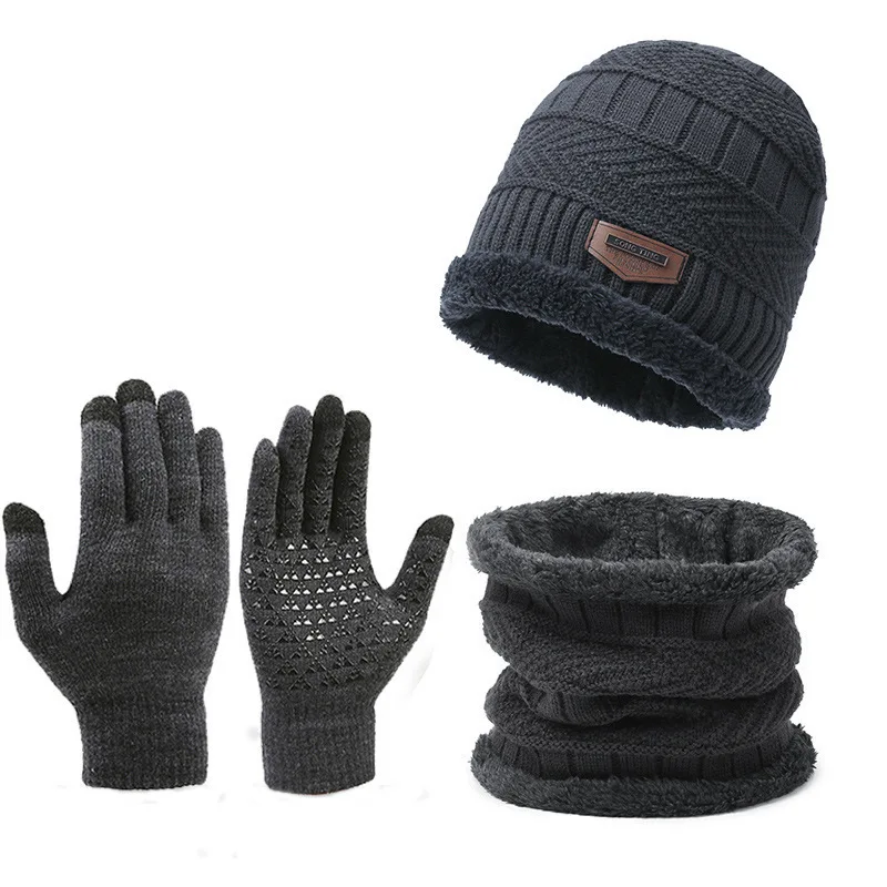AliExpress NONE Winter Windproof Hat Scarf Gloves Three Piece Set for Men Outdoor Travel Fleece Wool Warm Knit Hat Cycling Sport Warm Cold Proof