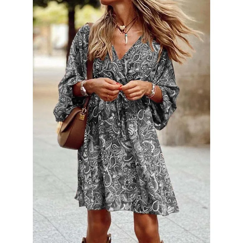 2024 Summer Fashion Floral Print Women's Dress Vintage Commuter V-Neck Elegant Pleated Paisley Puff Sleeve Ruffles Casual Dress