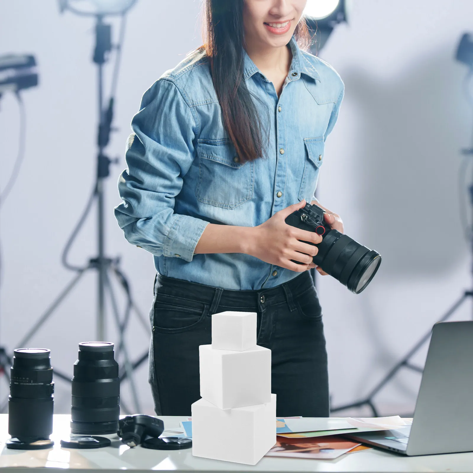 

3Pcs Foam Cube Photo Prop White Modern Cube Models for Creative Photography Stylish Display for Jewelry and Cosmetics