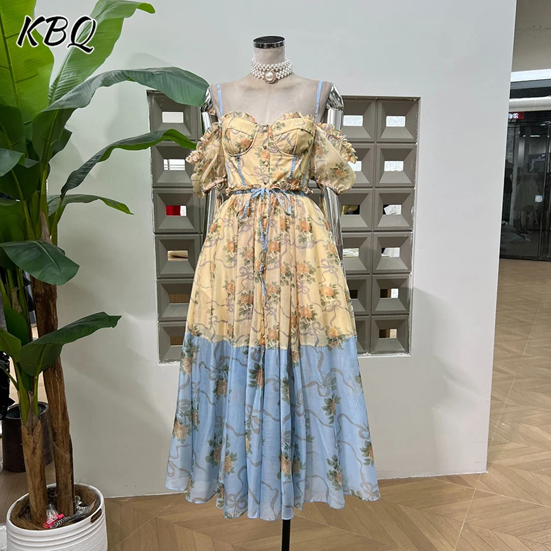 

KBQ Sexy Hit Color Printing Party Dress for Women Square Collar Off The Shoulder Sleeve Backless High Waist Dresses Female New