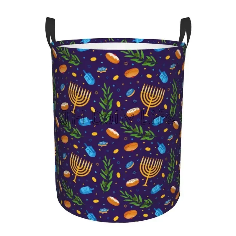 Happy Hanukkah Jewish Festival Holiday Round Laundry Basket Foldable Waterproof Oxford Toys Storage Bucket Dirty Clothes Basket