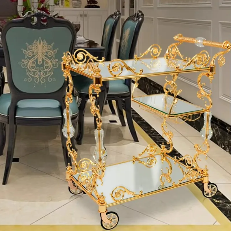 Golden Trolley Gold-Plated Copper Restaurant Luxury Light Dining Cart Wedding Decoration Hotel Service Bar Serving Wagon