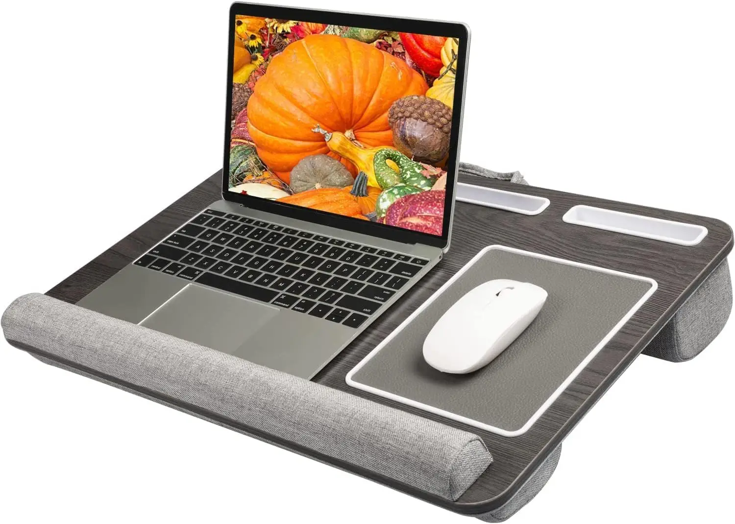 

Portable Lap Desk with Wrist Pad, Tablet & Phone Holder for Laptops up to 17 Inches, Black Woodgrain Design