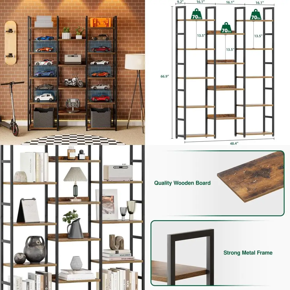 

5-уровневая книжная полка с тройной колонкой, 14-куббическое деревенское коричневое хранилище, регулируемые стеллажи для дома и офиса