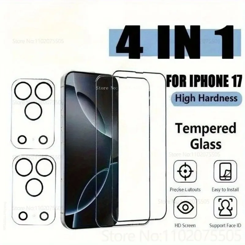 [2+2 шт.] 2 шт. закаленное стекло 9D с черной рамкой + 2 шт. Защитная пленка для объектива для IPhone Air 15 16 Promax 17 Promax 15 14Plus 16E 13 12 Promax