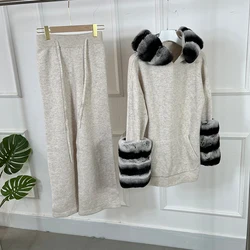 Women's Cashmere Sweater With Real Rabbit Fur Collar Cuffs Winter Warm Wool Suit Luxury Natural Rabbit Fur Sweater