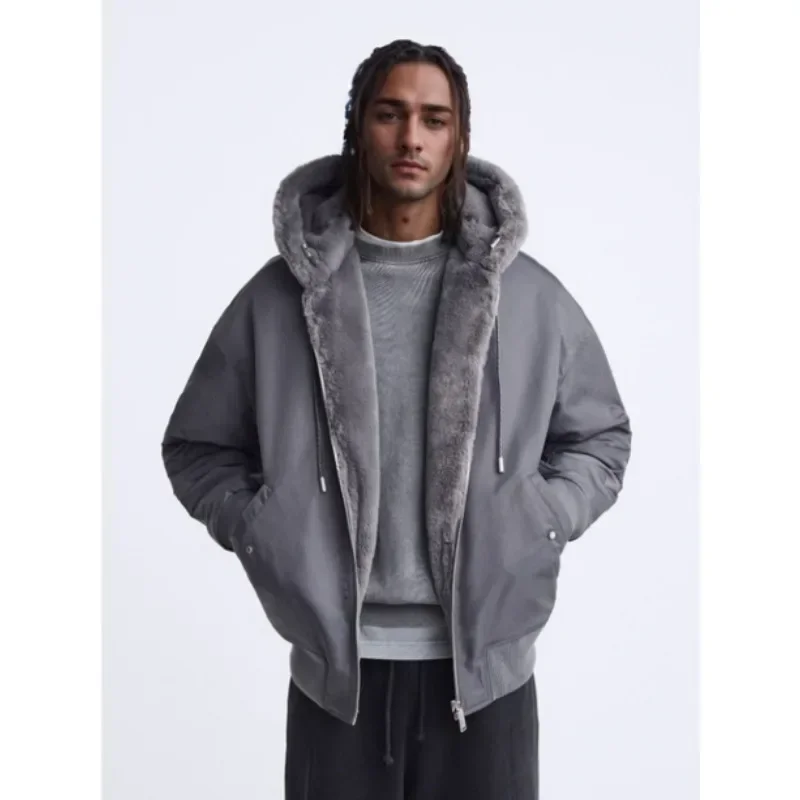 Winter men's reversible multi-pocket bomber jacket High quality solid color faux fur hooded jacket size 2XL