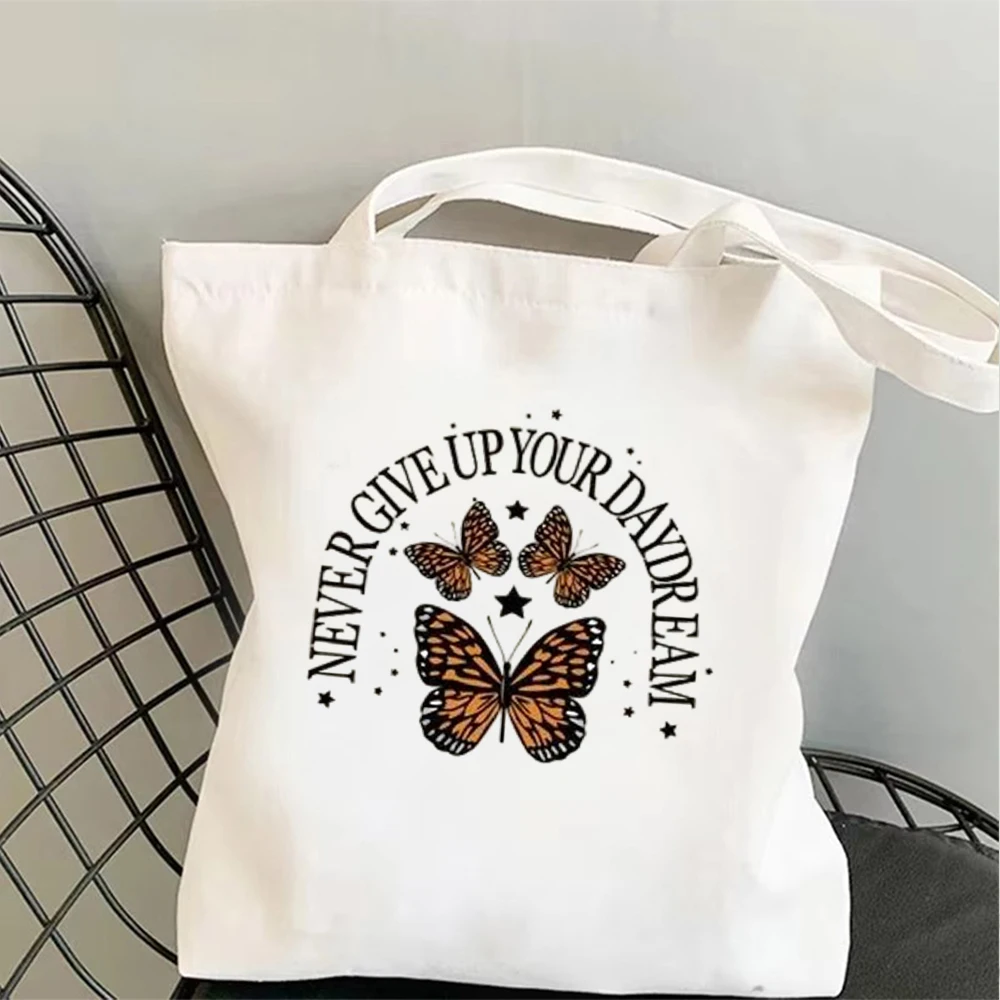

Women Cotton Shoulder Bag Blue Butterfly Daisy Paradise Happy Life Print Shopping Handbag Large