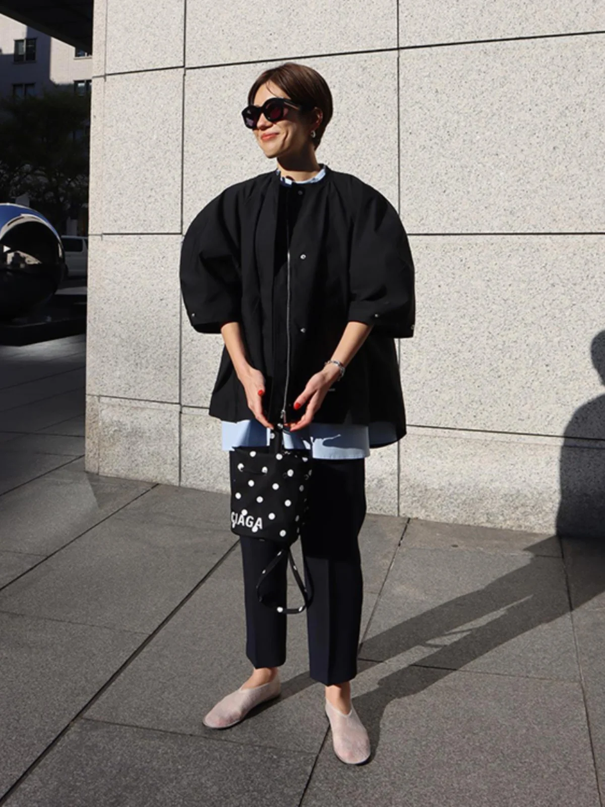 

Commuter OL Simple round Neck Five-Quarter Bubble Sleeve Jacket Short Coat Women's Black Outerwear Cotton Blend