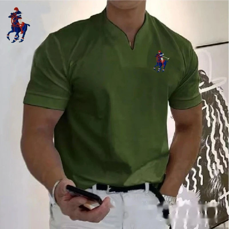 Neues Herren-Poloshirt aus bestickter Baumwolle mit kurzen Ärmeln und V-Ausschnitt, Sommermode, lässig, Business-Multifunktionsoberteil