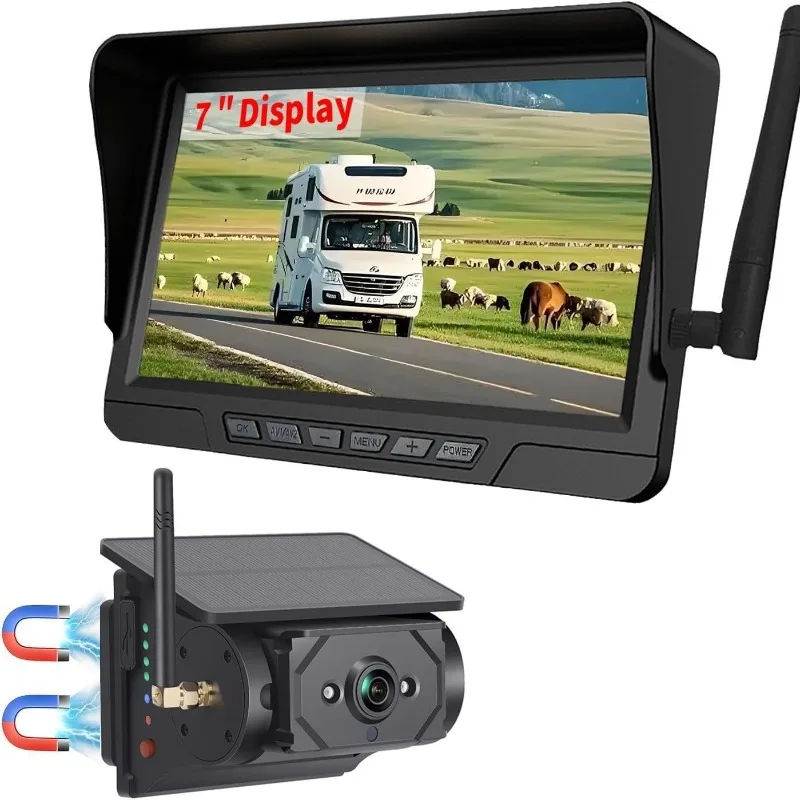 7 Inch Solar Wireless Truck Dash Cam Magnetic Mount Wiring-free HD Vehicle Rear View Monitor