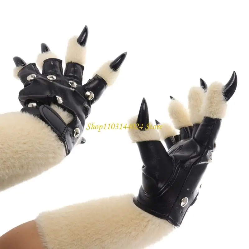 N5KE Animal Nails Gloves Warm Lovely Punk Studs Coffee White Black Brown Color Choices