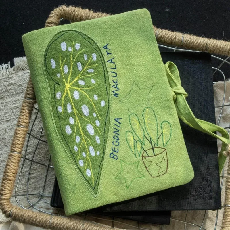 Hand‑stitched Applique Book Sleeve with Tie Strap A6 Begonia Maculata Embroidery Journal Cover Linen Fabric Notebook Protector
