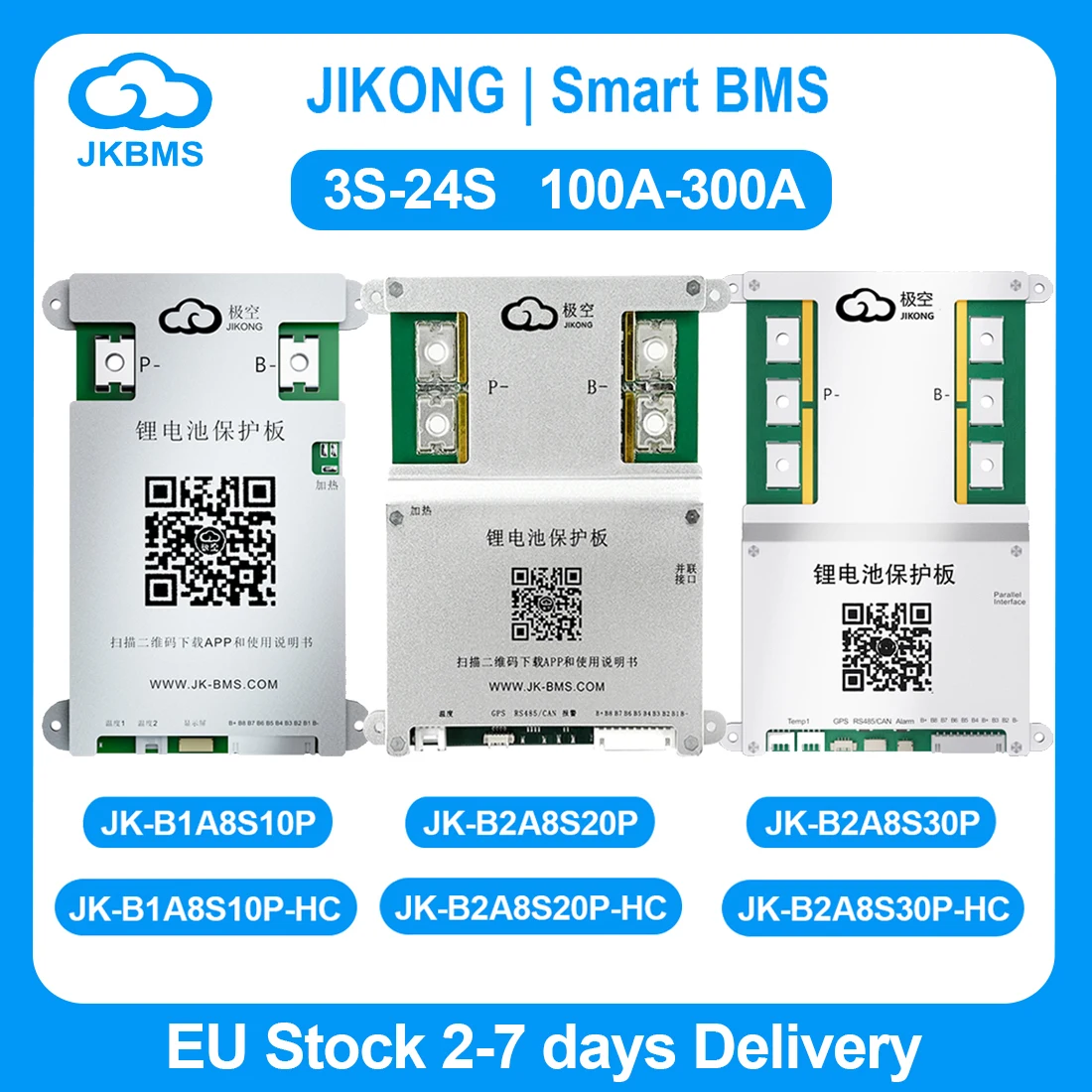 JK BMS 3S 4S 5S 6S 7S 8S 24S Smart BMS con BT RS485 Calore CAN 1A 2A Bilanciamento attivo BMS per Li-ion Lifepo4 Lto Batteria 200A 300A
