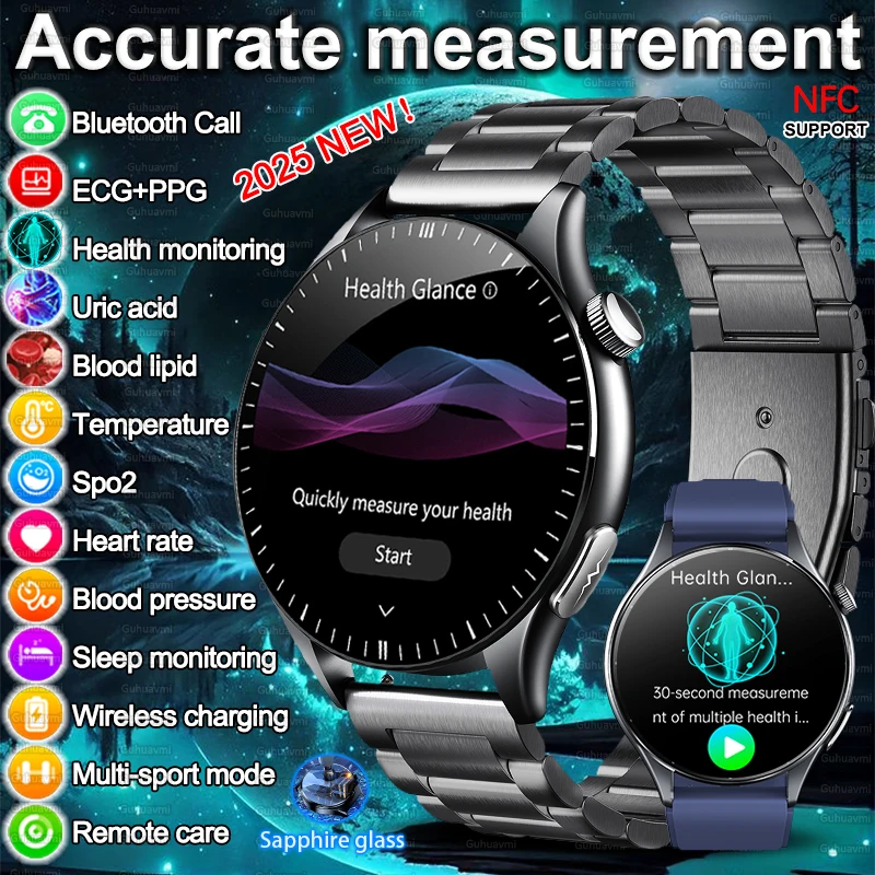 2025 Новые умные часы с моровой кислотой и липидами в крови для мужчин ЭКГ + PPG Артериальное давление Кислород в крови Bluetooth Здоровье NFC Смарт-часы для женщин