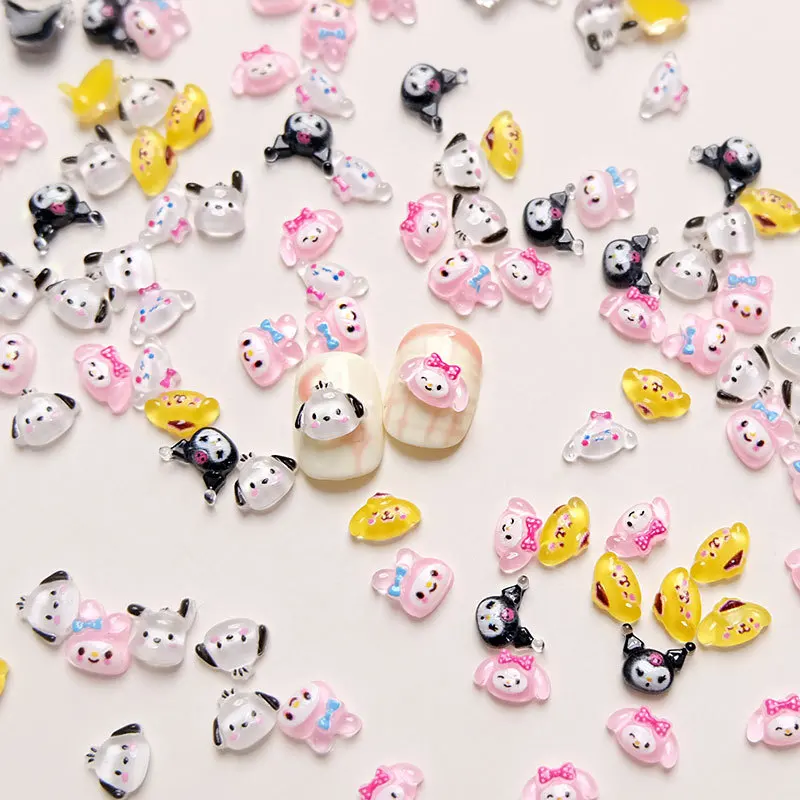 50 pièces dessin animé mixte Hello Kitty Kuromi breloques pour ongles 3D Kawaii mélodie Pochacco cannelle résine strass bricolage artisanat d'ongles
