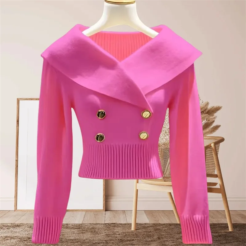 Dames SpringAutumn Kleine Parfumstijl Revers met lange mouwen, effen gebreide truien Klassieke taille dunne veelzijdige korte truien dames
