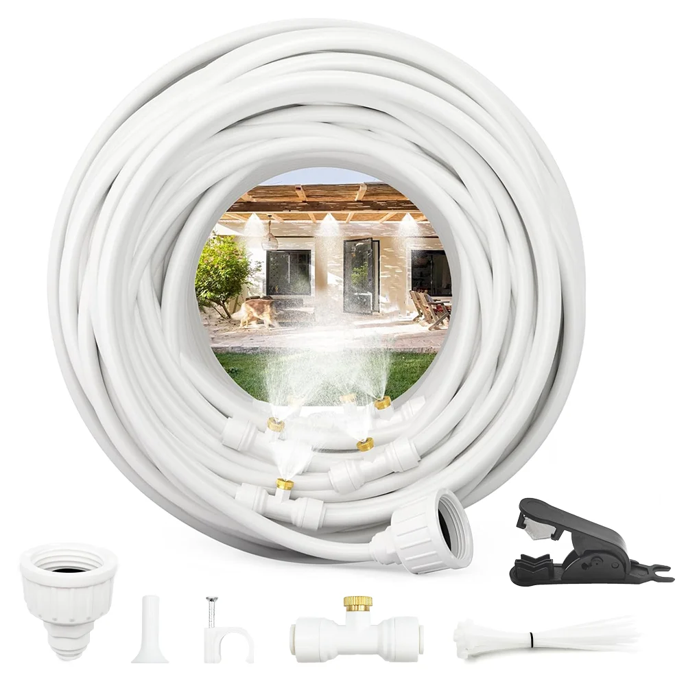 

Распылители для наружного патио, запотевающий шланг 50 футов (15 м) + латунный адаптер (3/4 дюйма), наружная система запотевания для охлаждения, садовая система Mister