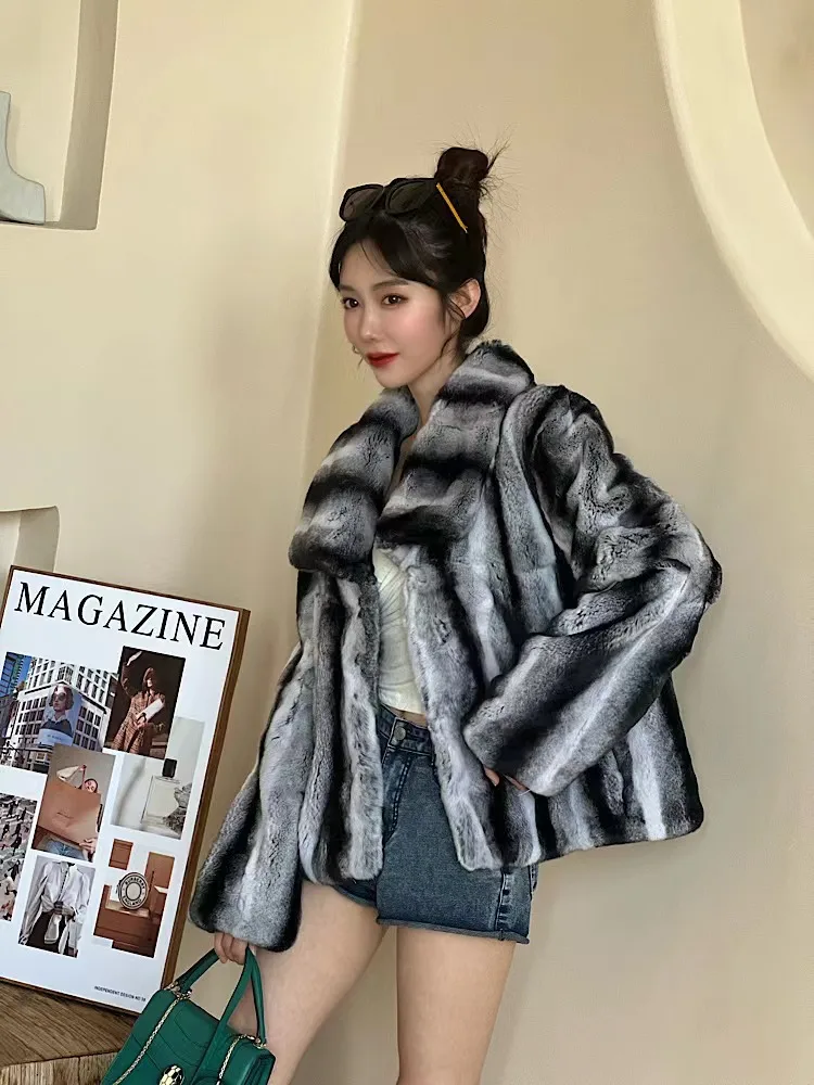 Fur Lover New Style Women Winter Warm Soft Quality Real Rex Rabbit Fur Coat Luxury Chinchilla Color Fashionable Fur Jacket