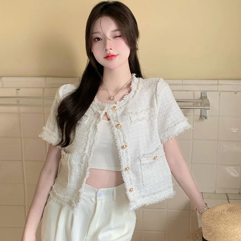 Elegant Tweed Short Coat Women 2026 Summer New Tassel Versatile Loose Short Sleeve Round Neck Outerwear Single Breasted