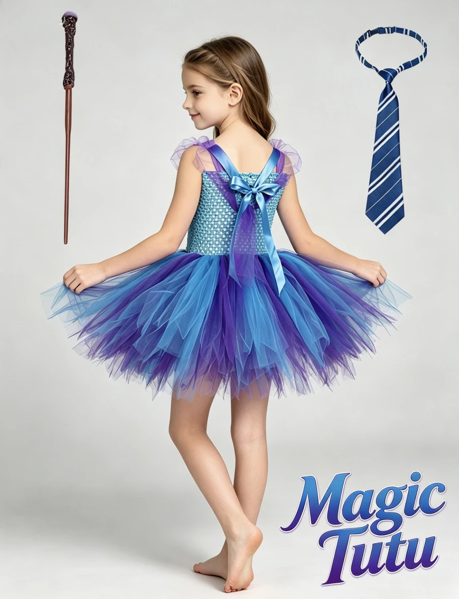 Girls Wizard School Magic Style Tutu Dress With Magic Wand and Tie Kids Halloween Carnival Party Dress Up Stage Performance Set