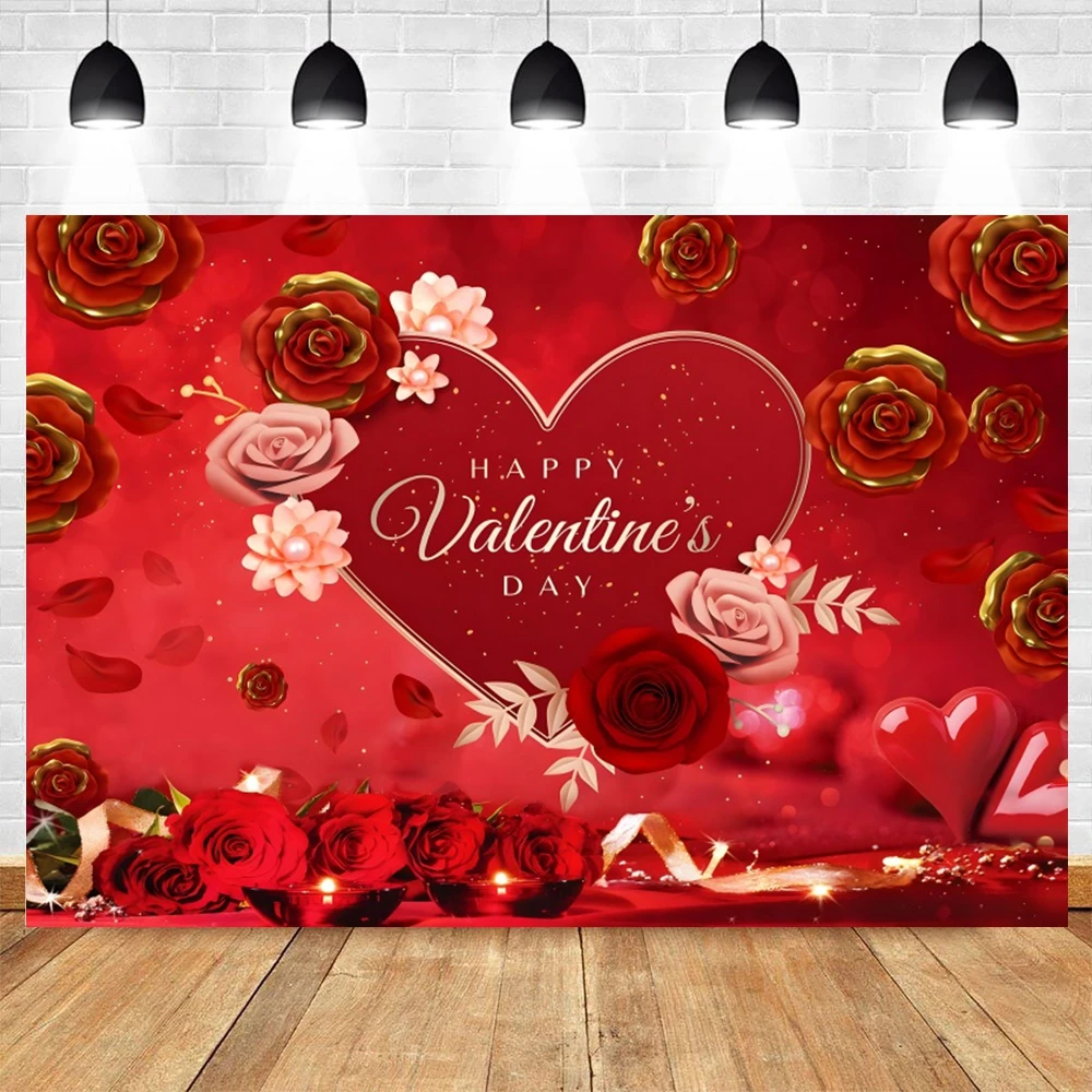 Valentine\'s Day Backdrop for Photography February 14 Red Love Heart Balloon Wooden Board Flowers Wedding Party Photo Background