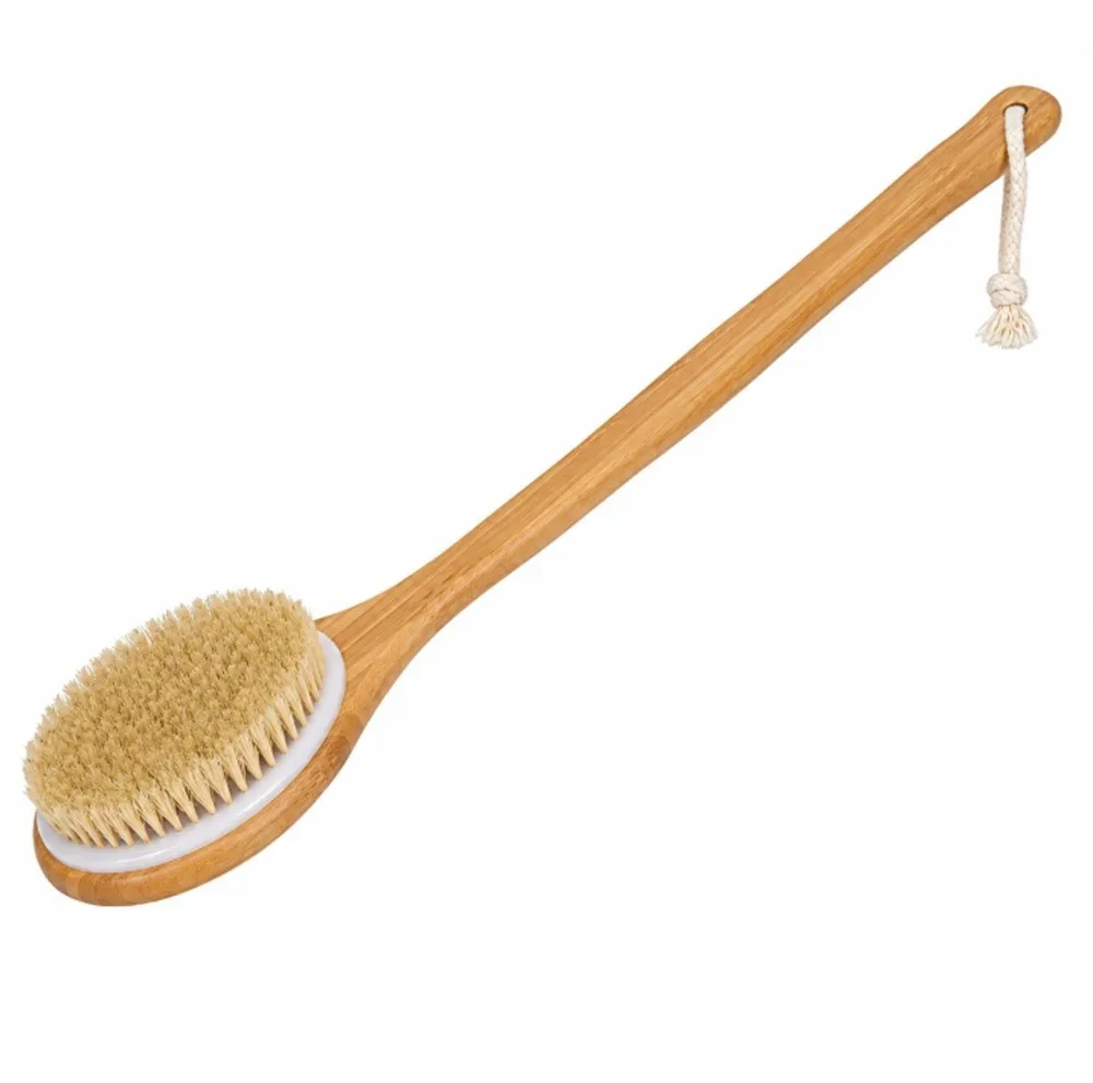 Bath Body Brush Natural Bristle Long Bamboo Handle 15.7 Inch Exfoliating Shower