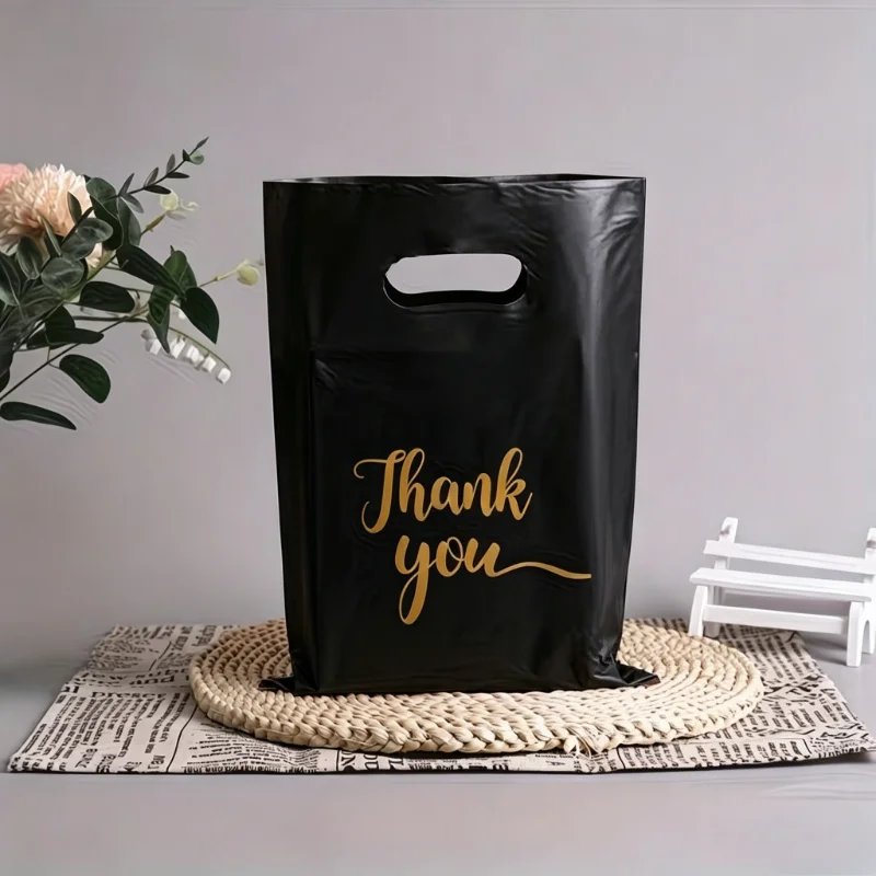 50/100 Stück Schwarze 'Danke'-Plastiktüten Handtaschen Plastik-Einkaufstaschen für Boutiquen Supermärkte Bekleidungsgeschäfte – Detail 4