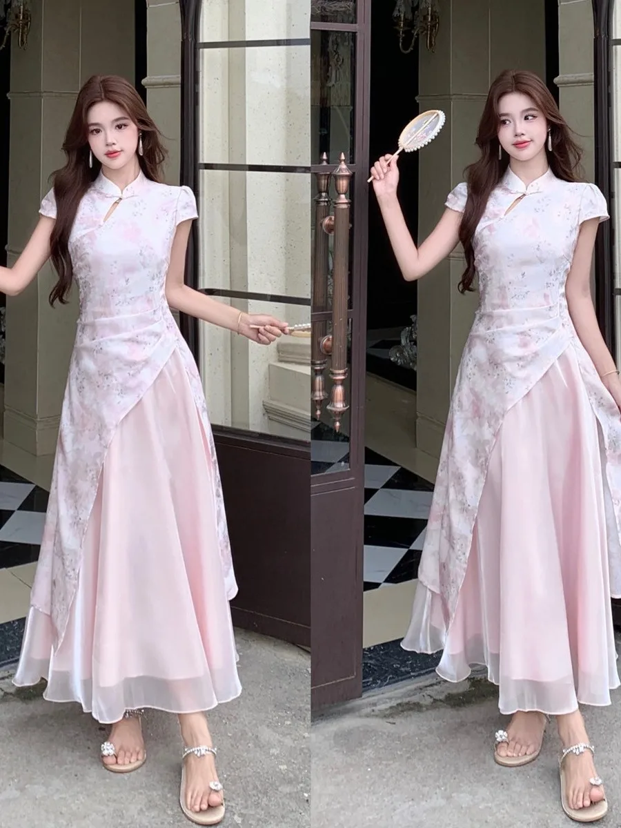 

Summer Vintage plus Size Qipao with Flowing Clouds And Rainbow Colors New Chinese Style Improved Pink Waist Cinched Silk Flag...