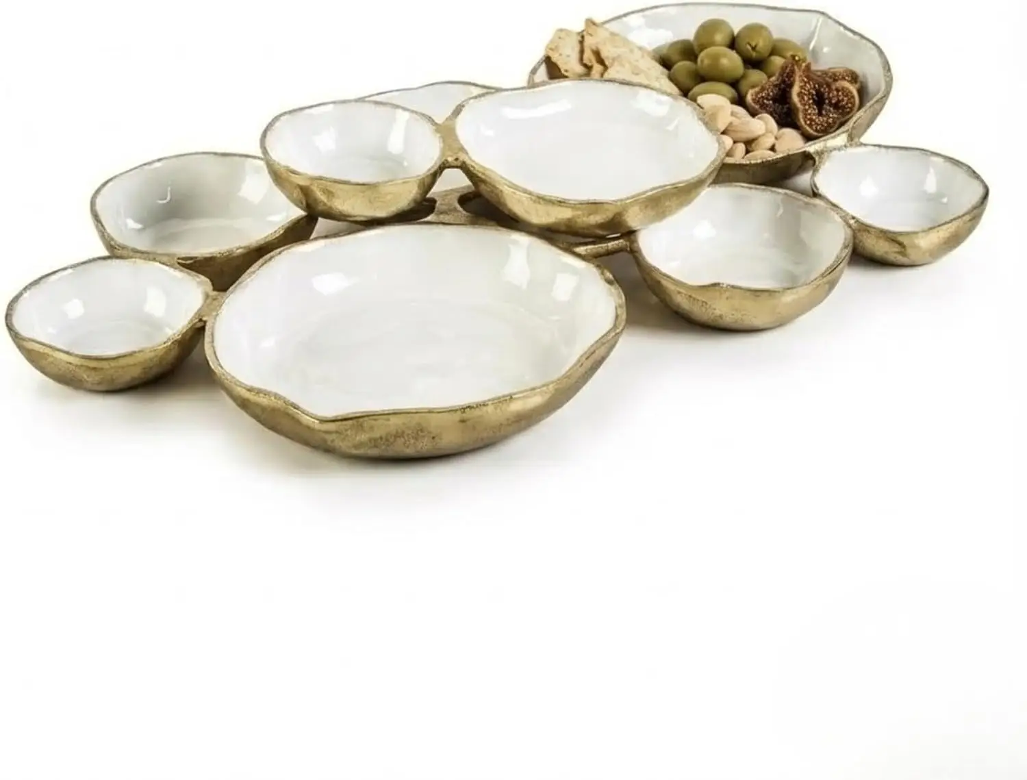 Cluster of 9 Round Serving Bowls Enamel Clusters Decorative Elegant Snack Tray for Olives, Chip & Dip, Nuts, Appetizers & Entert