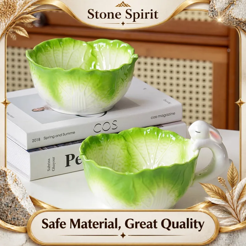 Cute Rabbit Handle Cabbage Ceramic Bowl, Tableware, Household Rice Bowl, Soup Plate, Dipping Dish, Sugar Jar, Salad Fruit Plate
